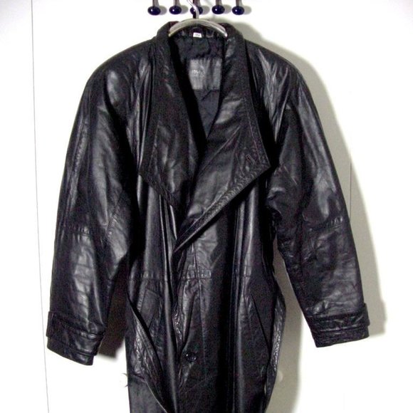 Vtg 80's Women's Black Leather Belted Trench Coat Sz M Midwest International